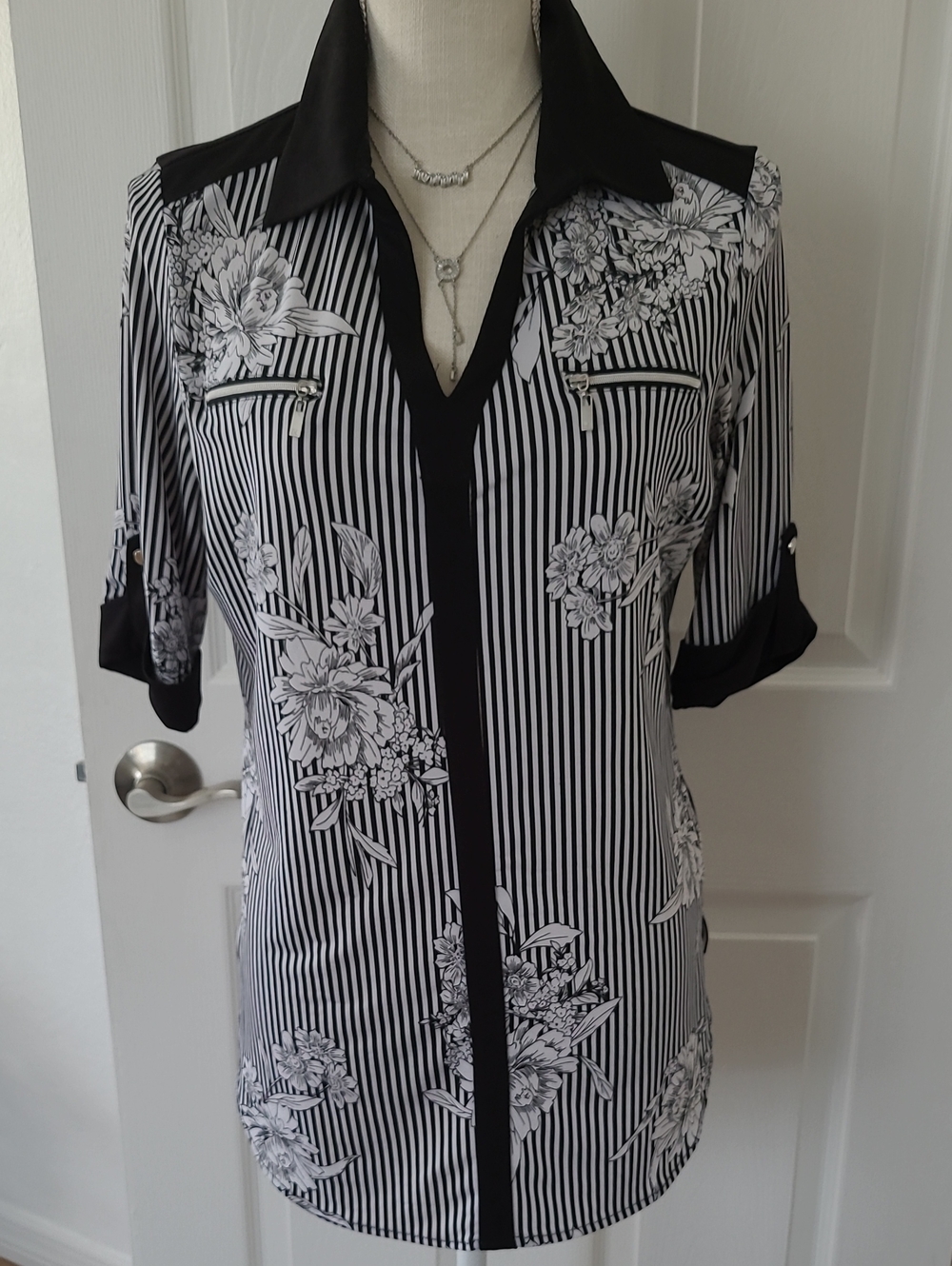 Peter Nygard Black and White Striped Floral Collared Tunic
